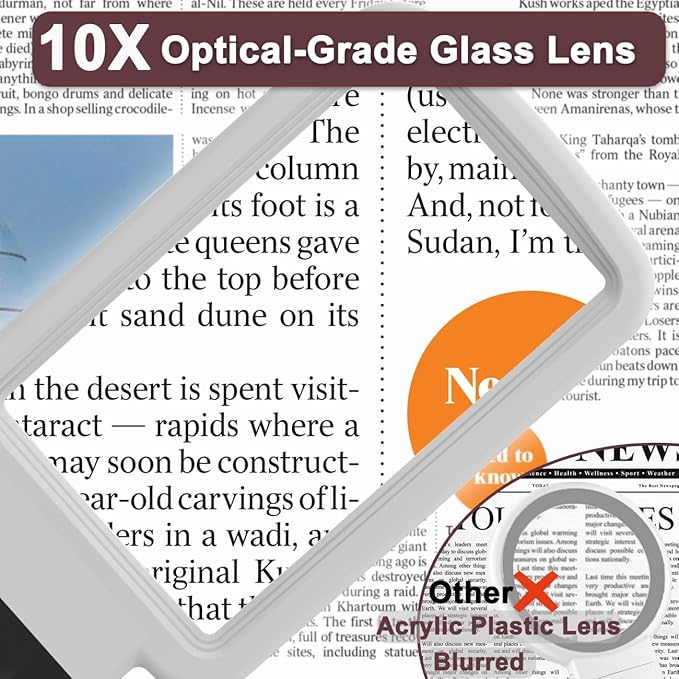 10X Magnifying Glass with Light and Stand, Real Glass Lens, Rechargeable Foldable Handheld Magnifier, 3 Color Modes Dimmable Lighted Page Magnifier for Reading Fine Prints, Low Vision Seniors