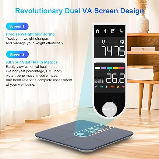 Healthkeep Body Fat Scale with Dual VA Displays and ITO Technology, 16 Body Datas with Heart Rate, Smart Weight Scale Compatible with iOS & Android, Max 400lb/180kg, Sliver