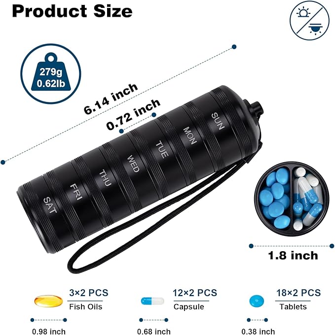 XHT Premium Weekly Metal Pill Organizer 7 Day 2 Times a Day – Waterproof AM PM Pill Organizer Travel Case, Heavy Duty Pill Holder and Pill Box for Medicine, Vitamins, Fish Oil & Supplements
