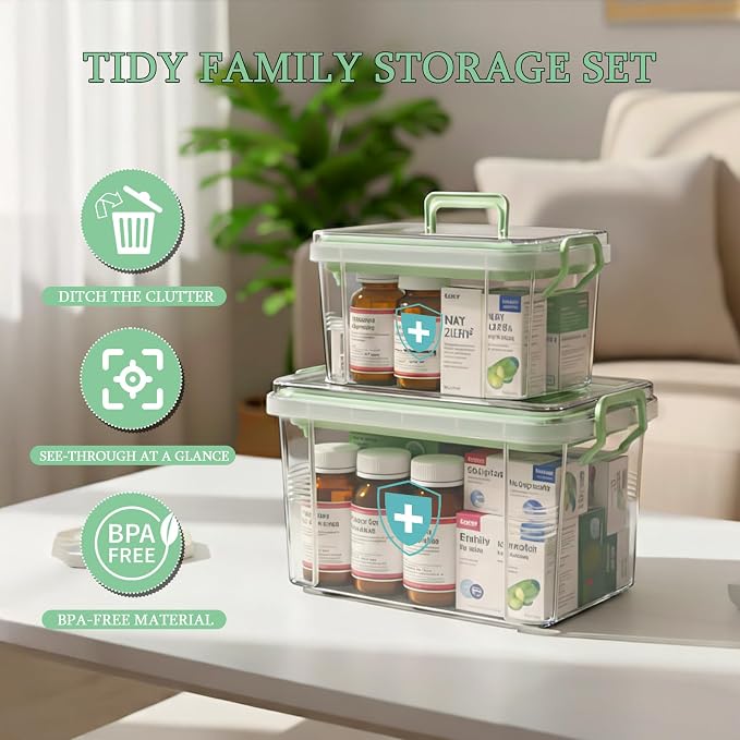 ANYPROLUS 2 Pack Clear Medicine Organizer Box with Handle, Plastic Medicine Container with Tray First Aid Box Empty, Thickened Medicine Storage Organizer Multipurpose Medication Organizer Storage
