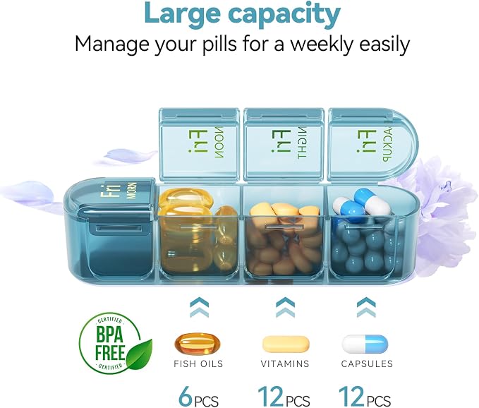 Zoksi Pill Organizer 4 Times a Day, 7 Day Pill Box with Removable Daily Cases, Large Medicine Organizer for Pills, Vitamins and Supplements, Easy Open 180 Degree Lids, Travel Pill Case