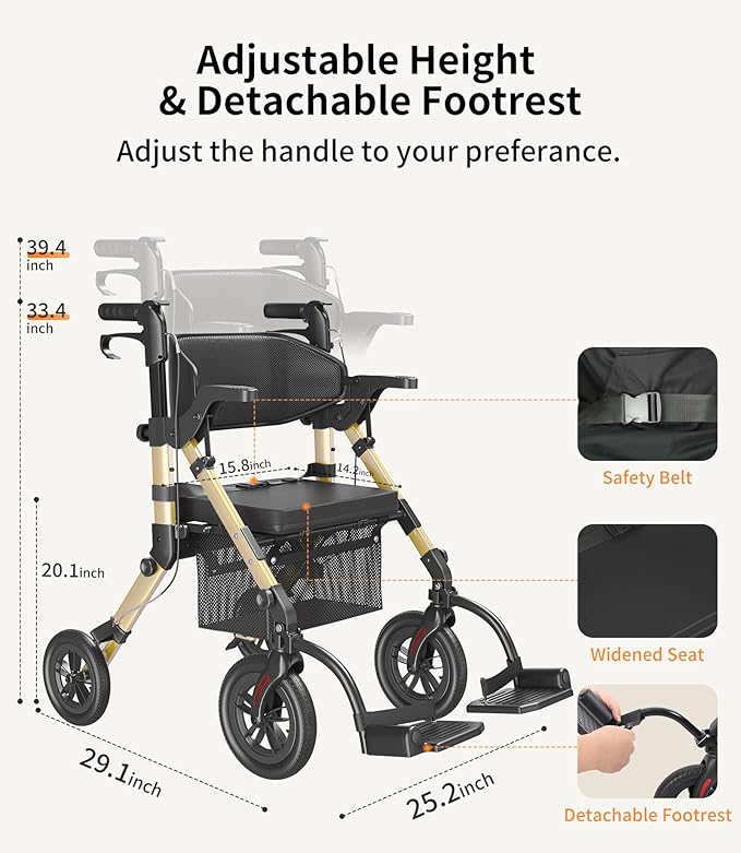 VOCIC Walkers-for-Seniors, Rollator-Walker-with-Seat, Transport-Wheelchair-Lightweight-Foldable, Adult Rolling Walker, Rollator Transport Chair with Brakes, 2 in 1 Walker Wheelchair Combo Z51