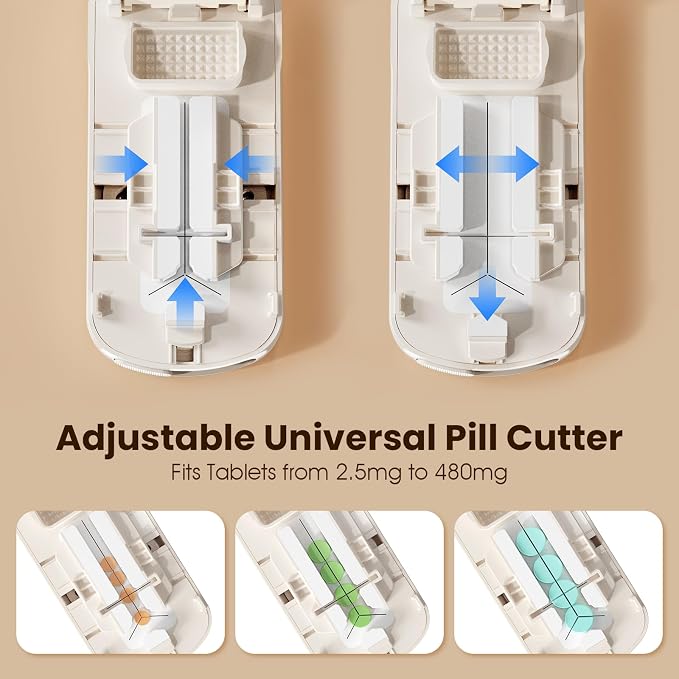 Pill Cutter 1/2 1/3 1/4, Precision Pill Splitter for Small & Large Pills, Adjustable Centering Slot, Dual Safety Blades, 3-in-1 Tablet Cutter, Portable & Easy to Use