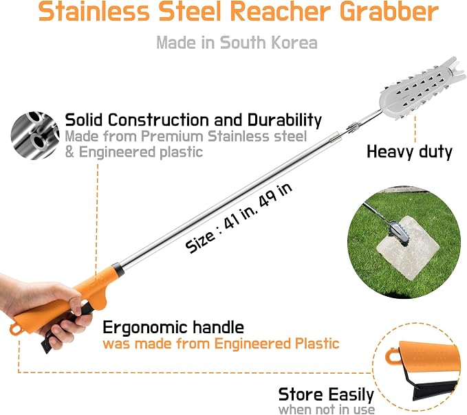 FTH Premium Stainless Steel Grabber Reacher Pickup Tool Heavy Duty 49 inch | Trash picker log BBQ fireplace pits snake tongs power claw made in korea no wire design outdoor yard cleanup plogging