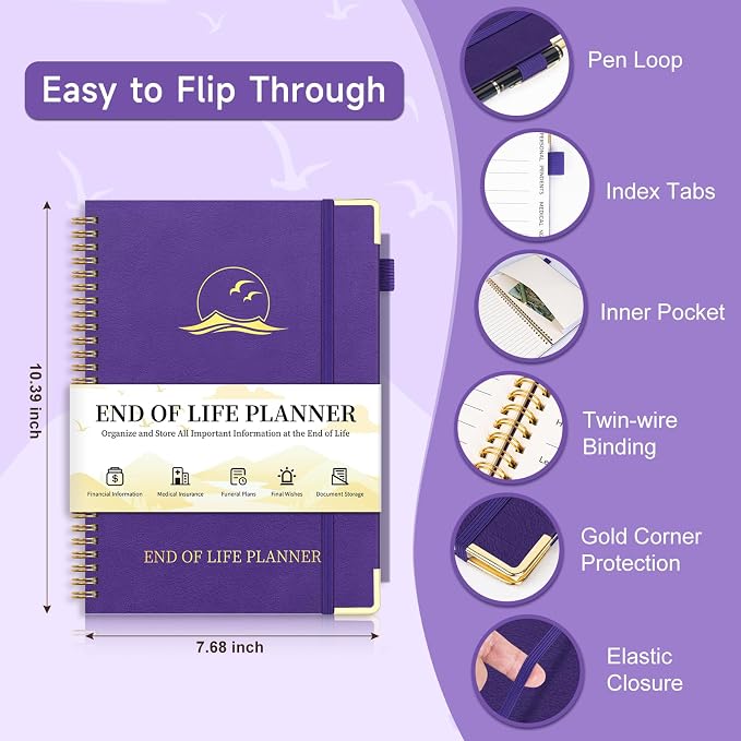 End of Life Planner, Estate Planning Organizer with Tabs for Senior, Spiral Funeral Planning Book with Large Font, Gold Corner Guards & Inner Pocket for Will Preparation, 7.36" x 10.4", Purple
