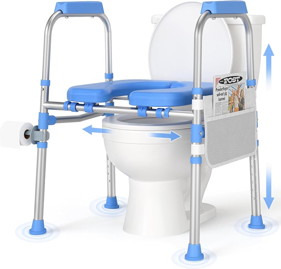 Padded Toilet Seat Risers for Seniors, 450 LBS Heavy Duty | Adjustable Raised Toilet Seat with Handles, FSA/HSA Eligible, Bariatric Handicap Safety Frame, Fits Round & Elongated