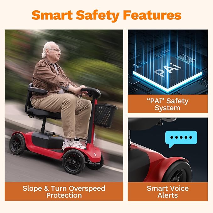 S1 Folding 4-Wheel Mobility Scooter for Seniors – 25-Mile Range, 6.2 mph, All-Terrain Electric Scooter with Adjustable Swivel Seat, 265 lb Capacity, Removable 24V 20Ah Battery – Red
