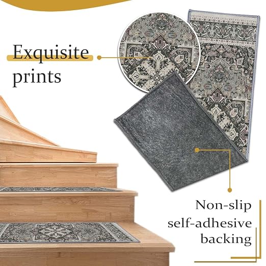 8”x 30” Carpet Stair, Anti-Slip Carpet Treads for Wooden Steps, Self-Adhesive Decorative Stair Runners, Slip-Resistant Treads for Indoor Wooden Staircases (15, Grey, 8X30 inch)