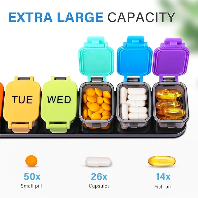 Extra Large Weekly Pill Organizer - Waterproof 7-Day Pill Box, Portable Vitamin & Supplement Case, Easy to Open Design, Ideal for Travel and Daily Medication Management