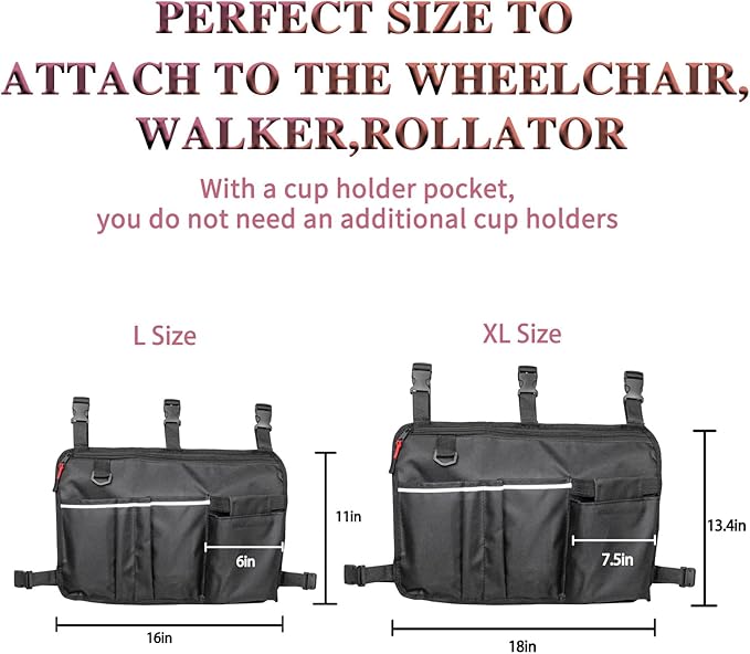 TONINT Large Walker Bag with Water Cup Holder,Walker Basket,Foldable Walker Storage Bag,Side Walker Bag,Walker Side Access Bag Organizer Pouch Tote,Scooters or Rollator Walkers (Large)
