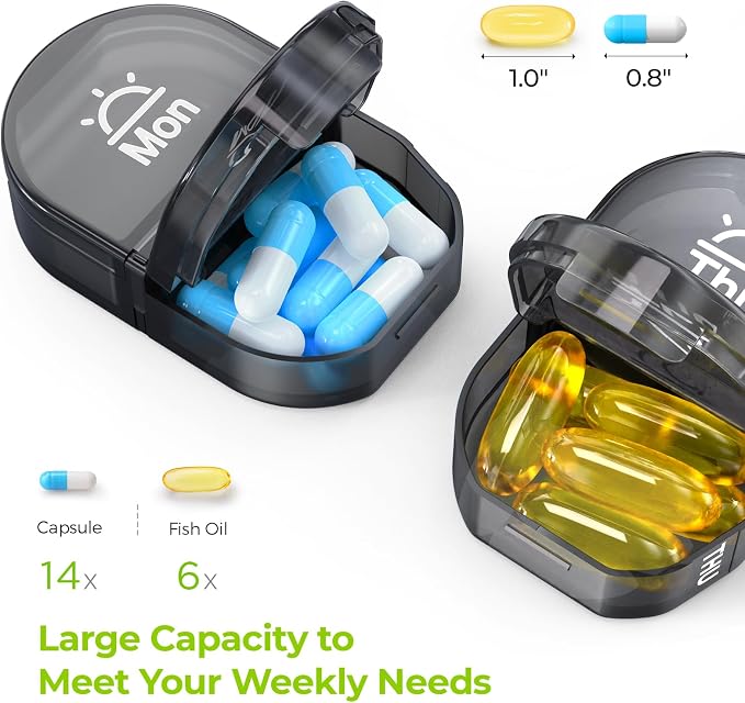 AUVON Canvas Bag Travel Pill Organizer 2 Times a Day, Large AM/PM Weekly Pill Box 7 Day Pill Case with Portable Black Zipper Cloth Bag for Holding Supplements, Vitamins and Fish Oils