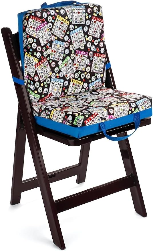 Classic Bingo Pattern Seat Cushion – Extra Thick 3” Bingo Pillow with Strap, Storage Pouch & Handles – Comfortable Folding Chair Cushion for Bingo Nights (Blue)