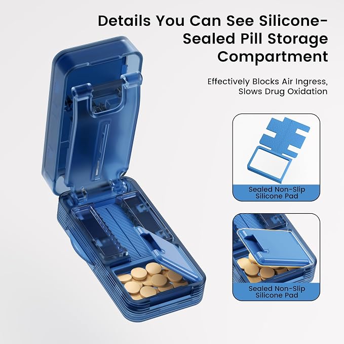 Pill Cutter - 1/2 Pill Splitter for Small Tiny Large Pills with Sealed Storage for Cutting Tablets Vitamins Medication, Portable Travel-Size for Seniors Pets (Blue)