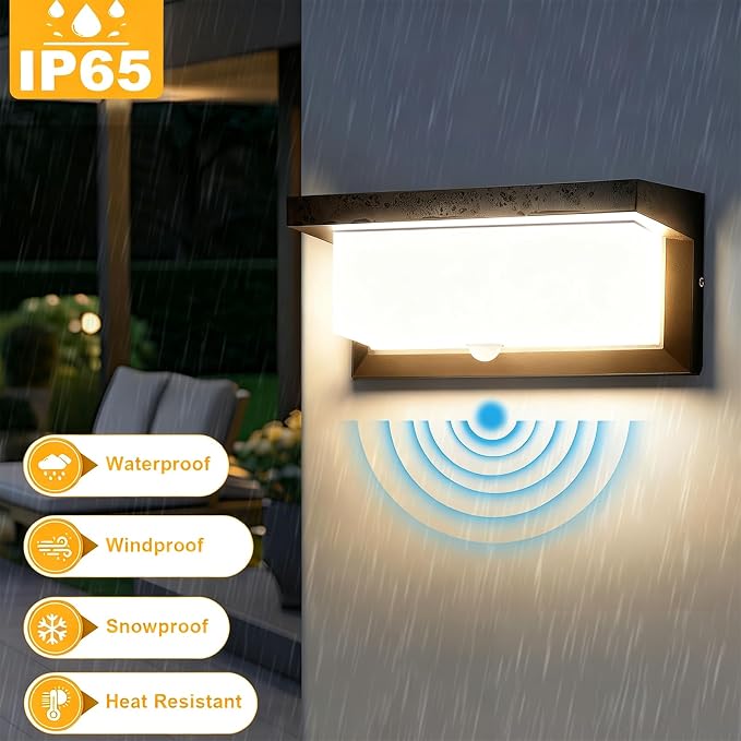 18W Motion Sensor LED Wall Light, IP65 Outdoor Porch Light 110V | Hardwired design, aluminum housing, dusk to dawn function, applicable for outdoor porch and indoor lighting
