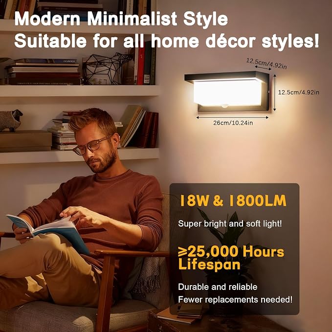 18W Motion Sensor LED Wall Light, IP65 Outdoor Porch Light 110V | Hardwired design, aluminum housing, dusk to dawn function, applicable for outdoor porch and indoor lighting