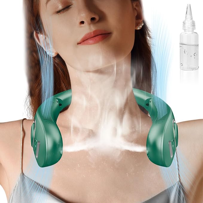 Misting Neck Fan that Blows Cold Air, USB-C Recargable 4-9H Long Life, 360° Airflow Lightweight without Blades, Mini Personal LED Cooling Device for Kid Adults Outdoor Travelling Office Home, Green