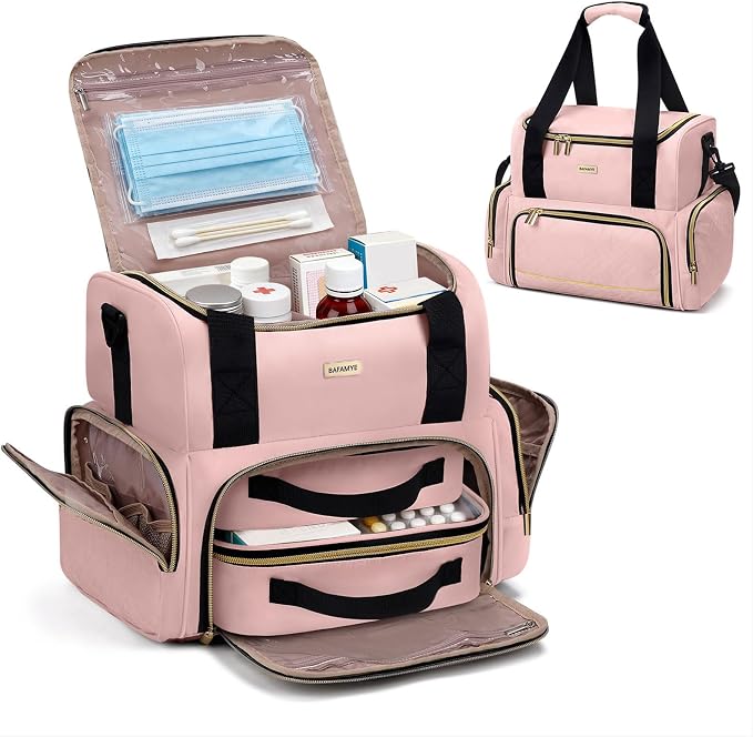 BAFAMYE Large Medicine Storage Bag with 2 Removable Cases, Medicine Storage Bag with Multiple Storage Sections,with Shoulder Strap,Suitable for Travel or Home,Pink
