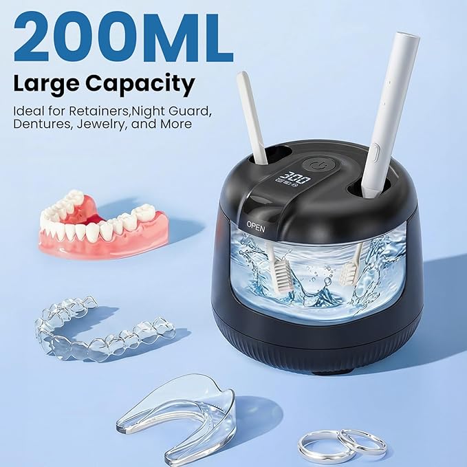 Ultrasonic Retainer Cleaner Machine, 48kHz Rechargeable Cordless Denture Cleaner with 4000mAh Battery, 200ML Dental Cleaning Pod for Dentures, Mouth Guards, Aligner, Night Guard, Jewelry Black