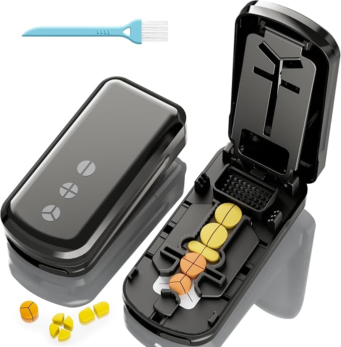 Pill Cutter Splitter for Small and Tiny Pills, 1/2 1/3 1/4 Pill Splitter for Small Pills,Vitamins, Tablets in Half or Quarters, Accurate and Easy Cutting, Stainless Steel Blade, Back Storage (Black)