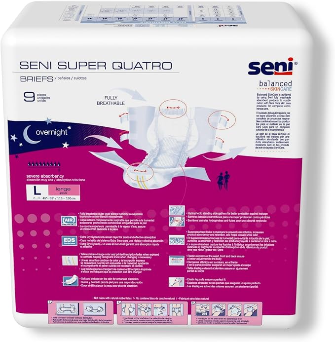 Seni Super Quatro Unisex Adult Incontinence Briefs with Tabs, Size Large (45"-59"), 18 Count (2 Packs of 9), Severe Absorbency, Disposable Overnight Briefs for Men & Women