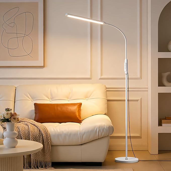 Bright LED Eye-Protecting Reading Floor Lamps with Touch and Remote Dimming 3000-6000k for Eyelash Manicure Craft Drawing Makeup Living Room Bedroom Office, Adjustable Gooseneck Modern Standing Light