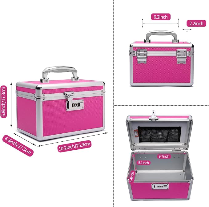 Combination Locking Medication Box with Portable Storage Case, 10.2''x 6.8''x 6.8'', Childproof Medicine Lock Organizer, Lockable Box for Documents & Valuables (Pink/Small)