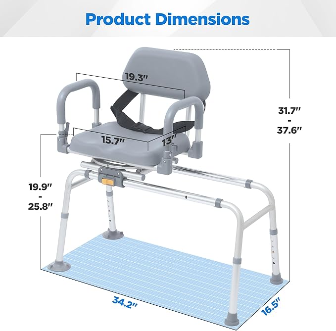 FSA/HSA Eligible Sliding Shower Chair with Swivel Seat, Rotating Tub Transfer Bench Shower Bench with Padded Seat and Backrest for Elderly and Disabled, Gray
