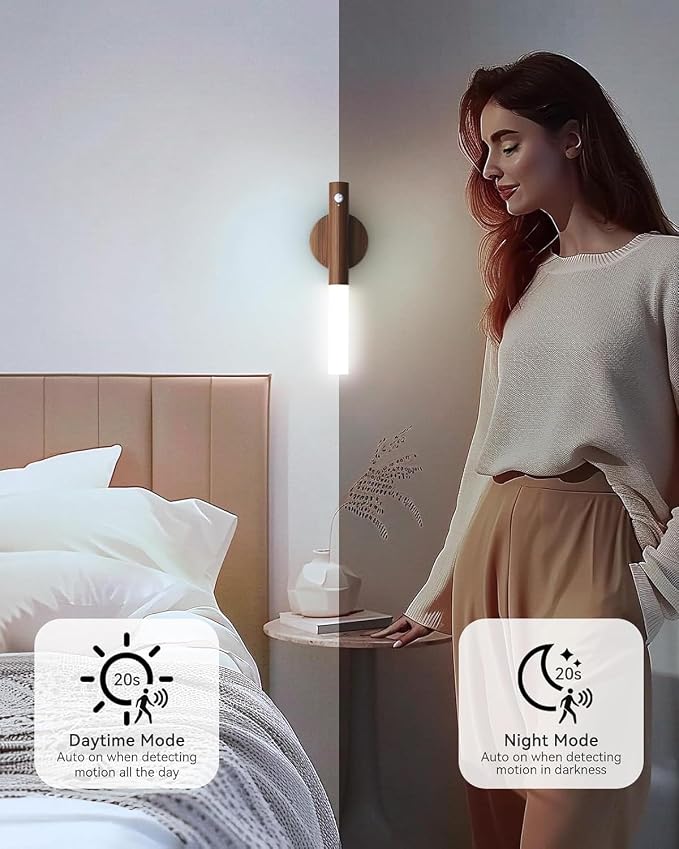 Battery-Operated Wall Sconce Wall Lights: 2200mAh Rechargeable Motion Sensor Magnetic Wireless Stairway Lights Portable Hallway Light Wooden Wall Lighting for Bedroom Stair(White Light)