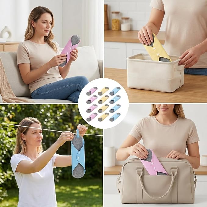 12 PCS Reusable Incontinence Pads for Women, Washable Incontinence Pads for Daily Protection, Reusable Menstrual Pads for Overnight Leak Protection, Washable Pads with Mobility Support (Random Color)
