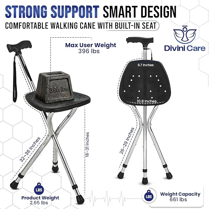 Cane with Seat Folding, Adjustable Walking Cane Chair, Portable Anti-Slip Walking Stick Seat for Seniors, Lightweight Cane Stool for Elderly Men and Women, Folding Cane Supports Up to 396lb