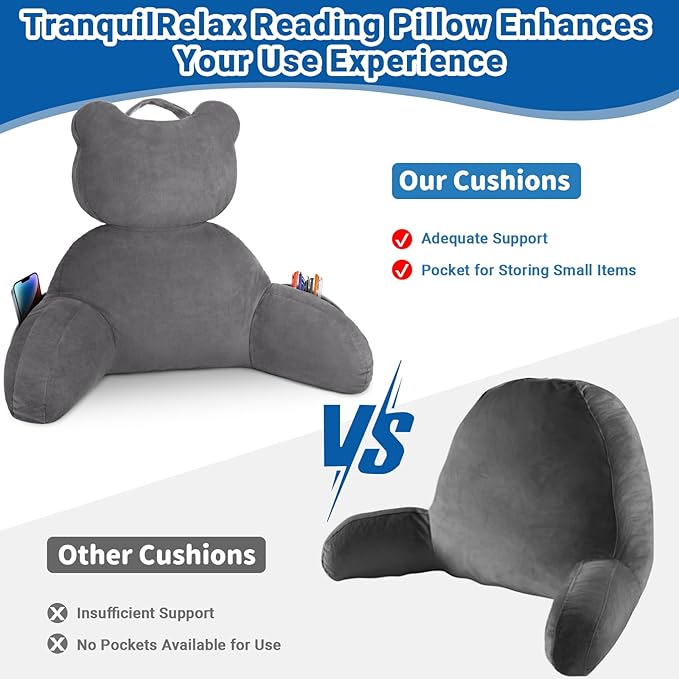 Reading Pillow, Back Pillow with Pockets for Bed Sitting Up, Large Reading Pillows for Sitting in Bed Adult, Back Pillow for Reading/Resting