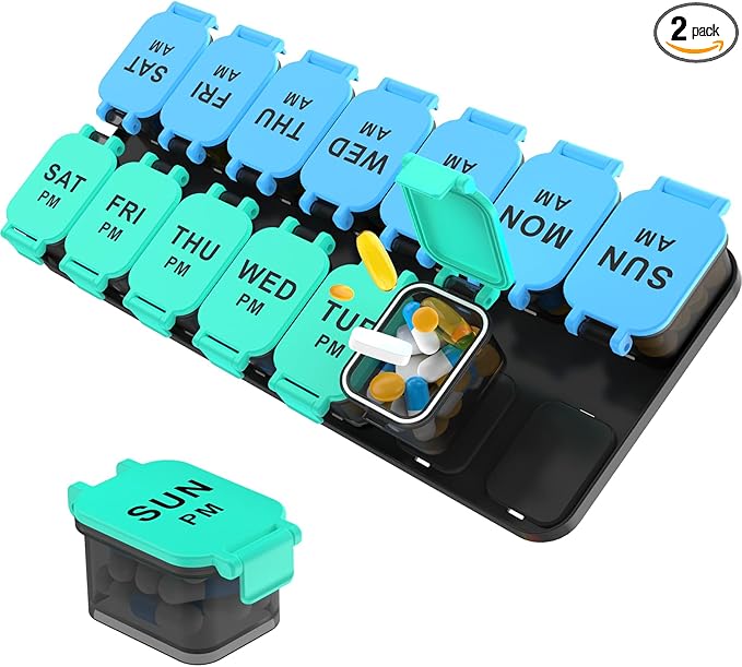Large 7 Day Pill Organizer, XL AM PM Twice a Day Medicine Storage Box, Big 2 Week Pill Holder for Pills, Vitamins & Supplements, Travel Pill Case for Medication（Blue+Cyan）