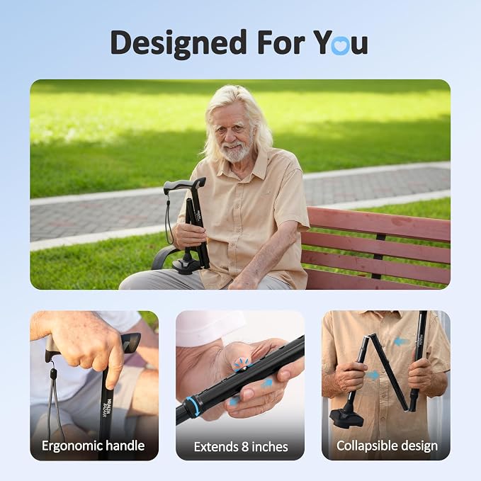 HEALTHBAZAAR Walking Cane with LED Light, Folding Canes for Men & Women with Shock Absorption - Adjustable, Lightweight Collapsible Walking Sticks with Comfort Grip Handle, Heavy Duty All Terrain Tip