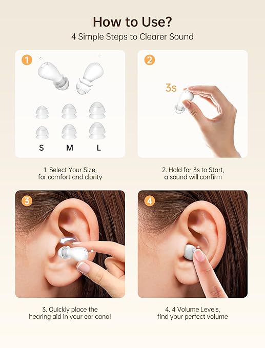 OTC Hearing Aids for Seniors, Nearly Invisible Rechargeable Hearing Aids, 100+ Hours of Charging Case Usage, Super-Mini Invisible Design, Comfort Fit in Ear Canal, AI Noise Cancellation and Clear Sound, Suitable for Various Daily Scenarios
