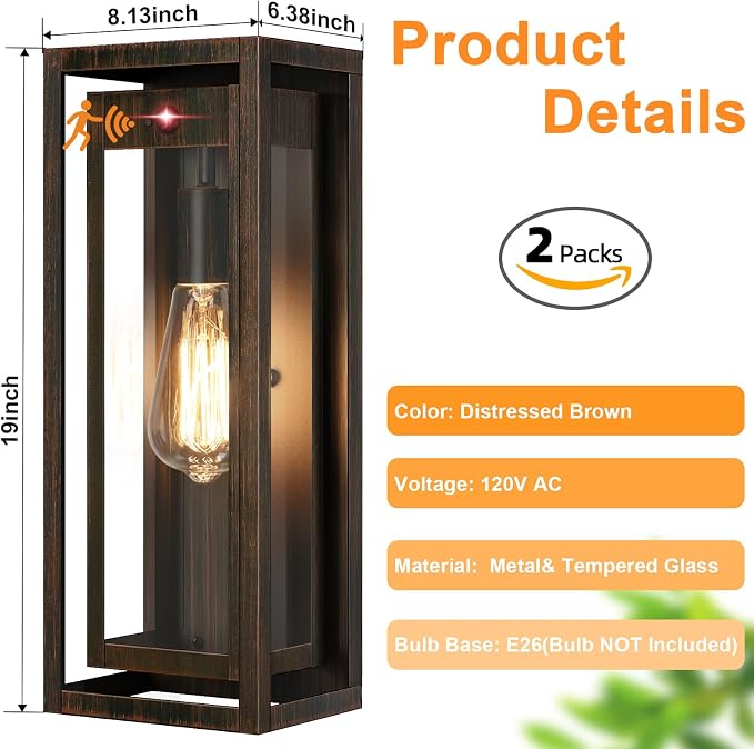 15" Motion Sensor Outdoor Wall Lights, Outdoor Sconces, 2 Pack | Dusk to Dawn, Large Size, Anti-Rust, Waterproof, Easy Installation, Distressed Brown Exterior Lighting Fixtures for Porch