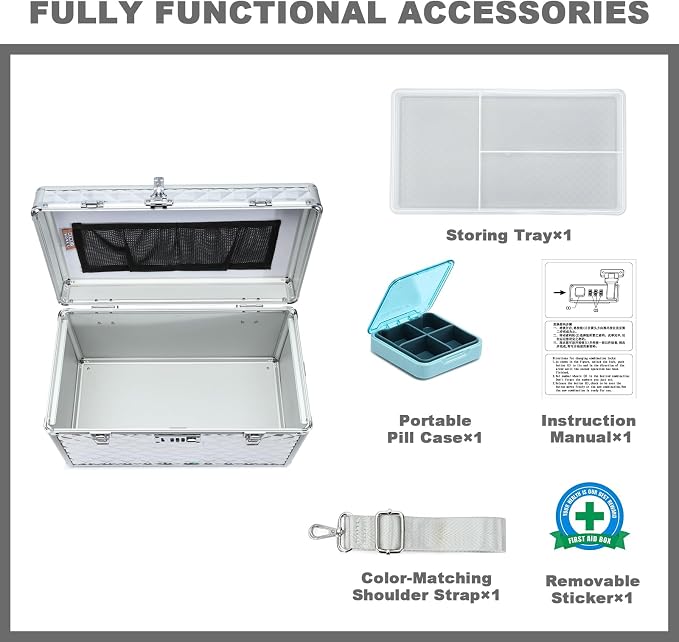 Storage Lock Box with Combination Lock, Lockable Medicine Storage Box, Empty First Aid Box, Security Lock Box, Multipurpose Locking Box for Home and Outdoor Use (Silver, X-Large)