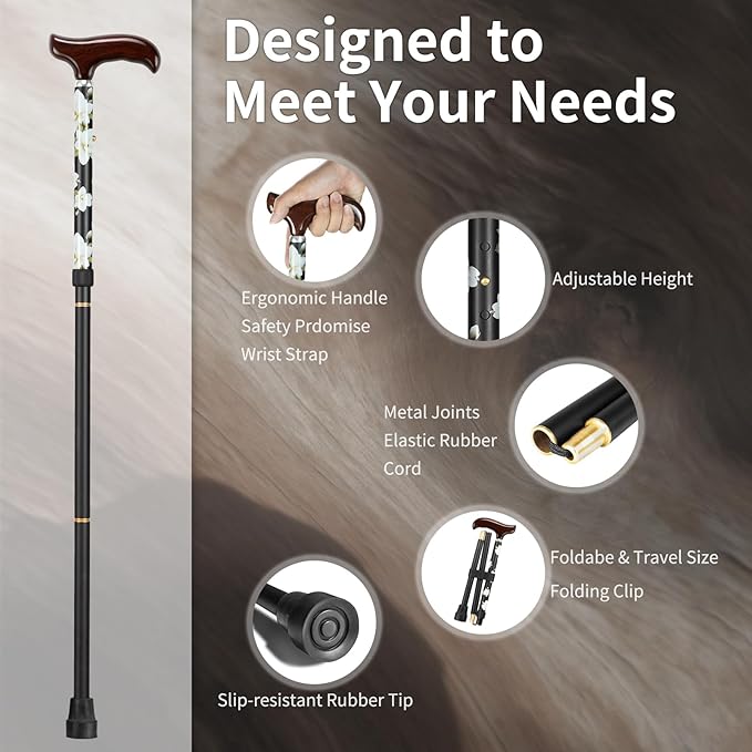 Stylish Foldable Walking Cane - Pattern Printed, Adjustable, for Men and Women Stability and Balance, Light Weight, for 5'~6' Height