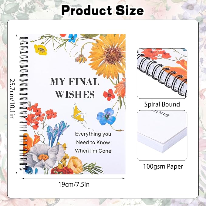 Thboxes My Final Wishes Planner, End of Life Estate Organiser Book, Flowers | Spiral Bound Notebook, 7.4 x 10.1 In, Possessions And Affairs Pages, When I Am Gone Notes, for Adults, Seniors, Families