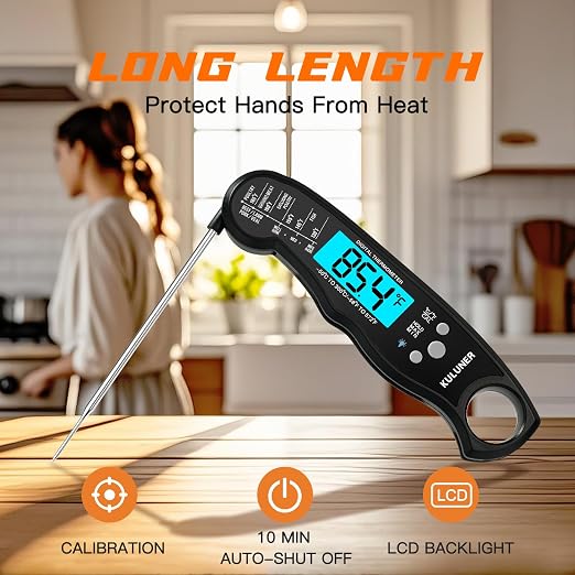 Digital Meat Thermometer Instant Read, Waterproof Probe with Backlight & Calibration, Ultra Fast 2-3s Reading, Stainless Steel Kitchen Food Thermometer for Grilling BBQ Cooking Candy - Black