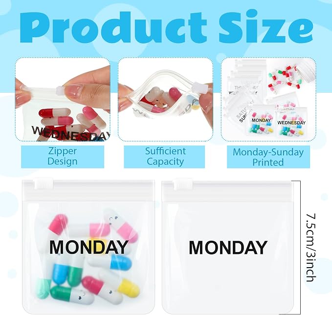 Sherr 35 Pcs Pill Pouch Bags with Zipper Pill Pouch Set Travel Reusable Translucent Medicine Organizer Self Sealing Plastic Bag with Slide Lock for Storage(Simple Colors,3 x 3 Inch,Week Style)