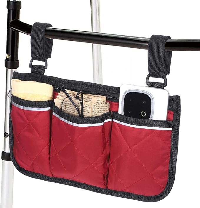 YBEATY Walker Bag Walker Storage Bag with Reflective Strips Folding Basket Wheel Chair Accessories Bags Lightweight Hand Free Storage Carrier Tote for Seniors Rollator Accessories (Wine Red)