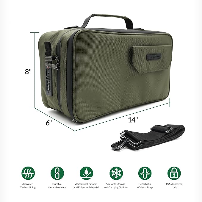 Large Storage Case with TSA Combination Lock Bag, Portable Carbon Lined, XL Medicine Lockable Box for Travel & Home Secured Box Organizer Divider Jars Accessories, Removable Tray (Green)