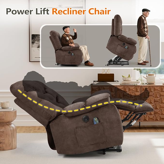 HAOMARKETS Oversized Power Lift Recliner Set of 2 with Massage and Heat for Elderly, Electric Lifting Reclining Chair with Side Pockets and USB Port for Living Room, Drown