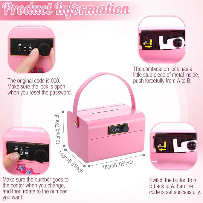 Honeydak Lock Box for Medication Metal Small Medicine Safe Pill Storage Box Portable Medicine Organizer with Combination Code and Handle for Refrigerator Fridge First Aid(Pink)