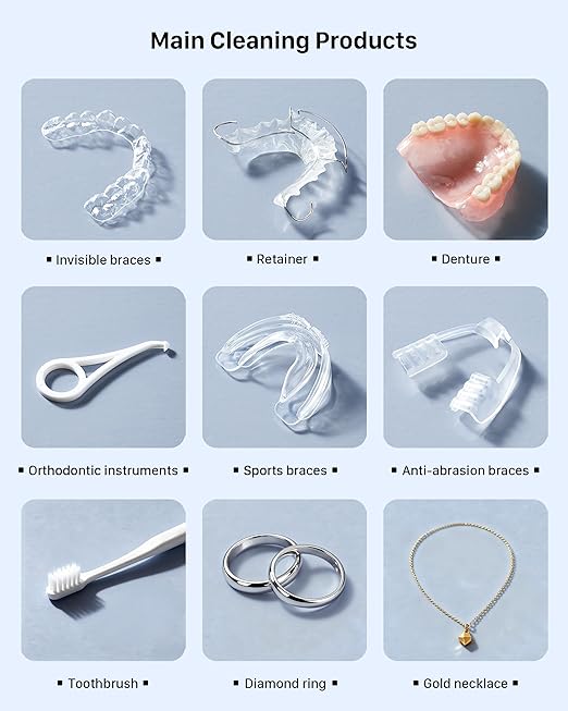 Ultrasonic Retainer Cleaner Machine: Dental Cleaning Pod for Dentures, Mouth Guards, Aligners, Night Guards, Braces, Toothbrush Heads & Jewelry, 45kHz Retainer Cleaner with 4 Modes & 200ML Capacity