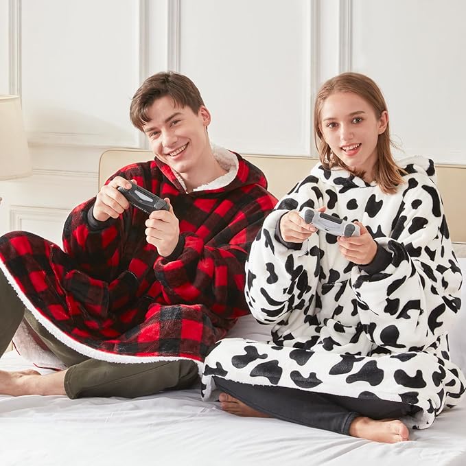 JOYWOO Wearable Blanket Hoodie,Oversized Cat Lovers Sweatshirt Blanket for Adult,Christmas Gifts for Women,Mom,Friend,Cozy Sherpa Hooded Blanket with Giant Pocket and Winter Gifts,Red Checkered