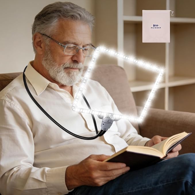 Magnifying Glass with Light Hands Free, Rechargeable Full Page Magnifier | 8" x 11" Extra Large • 106 LEDs • 6 Color Modes • Storage Bag • Ergonomically design • Flexible Gooseneck • Grey