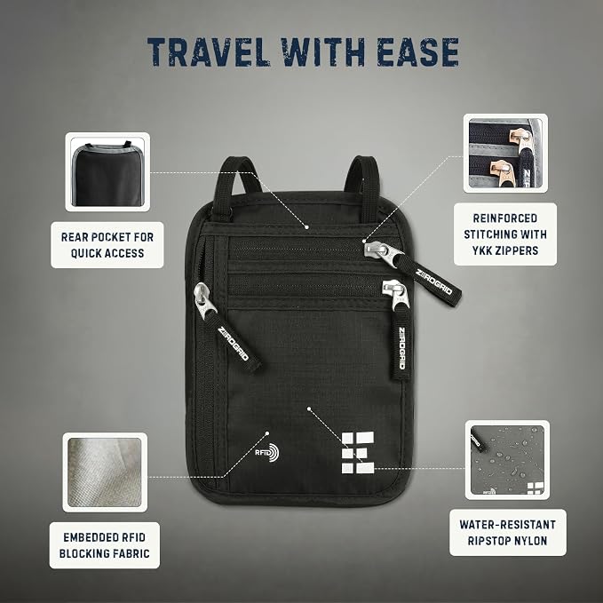 Zero Grid RFID Travel Neck Wallet, Large Passport Holder, Black | Slim & Concealable Travel Pouch for Men & Women; Holds Phone, Cash, Cards, Keys, Waterproof; 4 compartments; Adjustable Strap