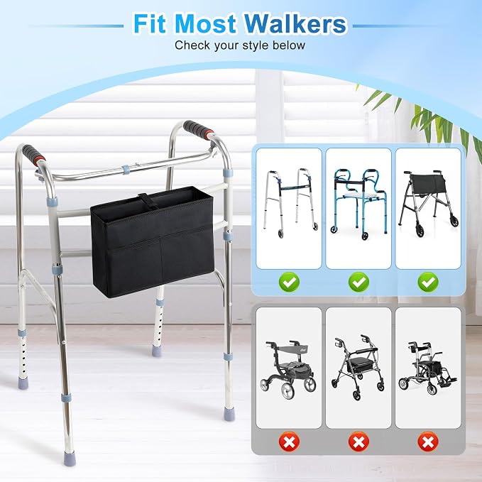 Rhino Valley Walker Basket for Walkers Accessories for Seniors,Black | Basket for Walkers with Multi Pockets, Hand-free Carry Pouch Storage Bag Walker Accessories for Universal Walkers for Seniors