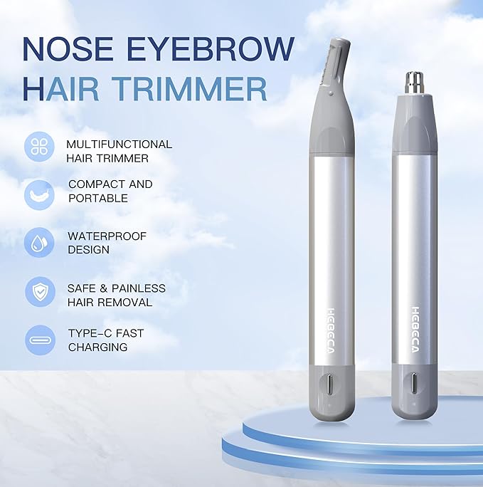 HEBECA Nose Hair Trimmer for Men Women 2in1 Facial Hair Removal Trimmer - Metal Body, Rechargeable, Waterproof, Portable - Nose, Ear, Eyebrow, Peach-Fuzz, Lips, Chin (Silver)